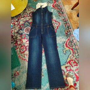 Denim sexy jumpsuit with faux fur collar- vintage
